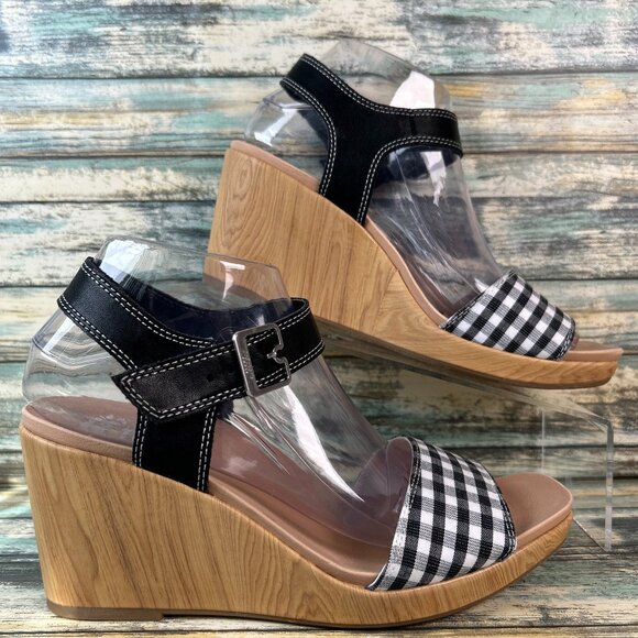 DR SCHOLL'S Womens Wedge Heel Sandals Size 8.5M Glimmer Square Toe Checkered - Picture 1 of 10